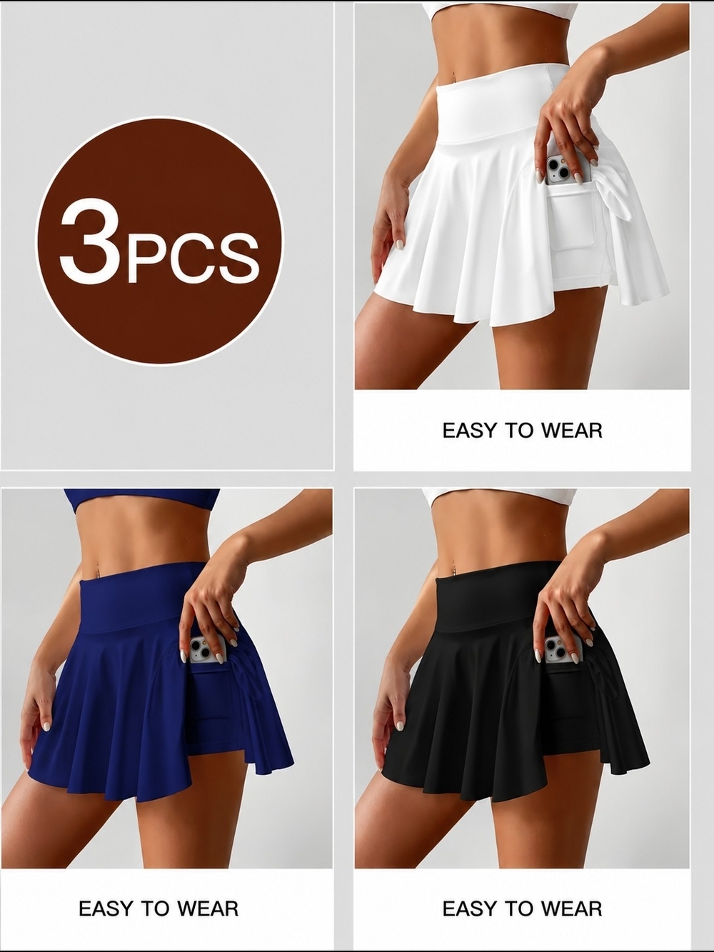 3 Pcs Athletic Skirt With Shorts Under   - White, Navy, Black. Pockets Are Tiny